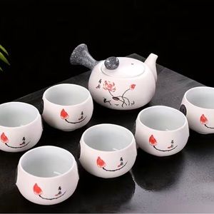 Snowflake Glaze Porcelain Lotus Flower Leaves Chinese Gongfu Kung Fu Tea Pot Set